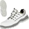 A white safety shoe with gray accents is shown from the side, with a separate image of its sole. Produktbild-Vorschau
