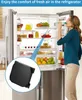 A woman drinks water from a bottle inside an open refrigerator, with a close-up inset of a black air filter. Produktbild-Vorschau