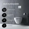 A modern bathroom scene featuring a wall-mounted toilet and bidet spray, with icons and text highlighting multi-functional features. Produktbild-Vorschau