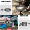 A collage of images showing camping cookware, including a frying pan and a boiling pot, being used in outdoor settings. Náhled obrázku produktu