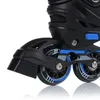 A close-up view of the wheels and frame of a pair of black and blue inline skates. Voir les images du produit