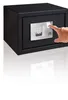 A black safe with a fingerprint scanner and keypad is shown with a person's finger interacting with the scanner. Produktbild-Vorschau
