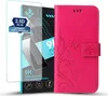 A pink floral flip phone case and a screen protector are displayed against a white background. Produktbild-Vorschau
