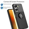 A black phone case with a ring holder is shown at an angle, with a portion of a phone screen visible. Produktbild-Vorschau