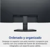 The back of a black computer monitor on a stand, with marketing text below. Voir les images du produit