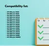 A list of compatible HP OfficeJet printers is displayed on a light blue background, with a stylized notepad graphic on the right. Produktbild-Vorschau