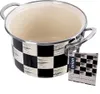 A black and white checkered enamel pot with silver handles, shown on a white background with a product tag attached. Produktbild-Vorschau