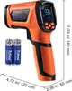 An orange and black infrared thermometer with two AA batteries and dimension labels. Podgląd zdjęcia produktu