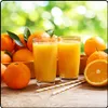 Two glasses of orange juice and oranges on a wooden table with a blurred green background. Náhľad obrázku produktu