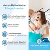 A mother and child are in a laundry room, with the mother laughing and holding a laundry basket. The image also features care instructions for bedding. Produktbild-Vorschau