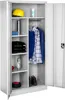 An open metal storage cabinet with various items inside. Voir les images du produit