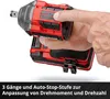 A hand is shown pressing a button on a red and black cordless impact wrench. Produktbild-Vorschau