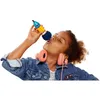 A young girl is singing into a toy microphone while wearing headphones. Voir les images du produit