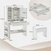 A diagram showing the dimensions of a white vanity table and stool set. Produktbild-Vorschau