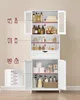 A white bathroom cabinet filled with various toiletries and household items, with callout graphics and measurements on the left side. Náhled obrázku produktu