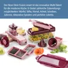 A collection of Nicer Dicer Fusion smart kitchen tools and accessories are displayed on a white background, with descriptive text above. Produktbild-Vorschau
