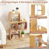 A S-shaped bookshelf with various items displayed on its shelves, alongside close-up shots highlighting its features and dimensions. Podgląd zdjęcia produktu