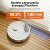 A white robot vacuum cleaner is shown on a wooden floor, cleaning along the edge of a wall. Text overlays highlight its features. Podgląd zdjęcia produktu
