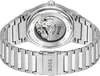 The back of a silver BOSS automatic watch with a visible movement and metal band. Produktbild-Vorschau