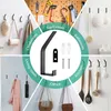 Collage of images showing black hooks used in various rooms, such as a cloakroom, tool room, bathroom, kitchen, living room, and office, with examples of items like hats, bags, coats, brushes, and tools hanging on them. Also shows the hook and its mounting Produktbild-Vorschau