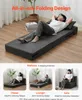 A woman is shown relaxing on a folded sofa that can be converted into a mattress, lounger, or chaise. The image also shows the sofa in different configurations. Produktbild-Vorschau