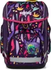 A purple backpack with a colorful jungle-like pattern and a chameleon patch. Produktbild-Vorschau