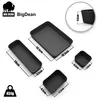 A collage of black storage containers with dimensions labeled. Produktbild-Vorschau