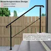 A black metal handrail is installed on outdoor stairs, with a wooden fence and blue sky in the background. Produktbild-Vorschau