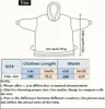 A diagram showing the dimensions of a hooded blanket, along with a size chart and notes. Produktbild-Vorschau