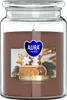 A large scented candle in a glass jar with a lid, featuring a label with gingerbread and orange slices. Produktbild-Vorschau