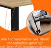 Close-up of a table corner and a caliper measuring the edge thickness, with text overlay. Produktbild-Vorschau