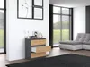 A modern living room with a chest of drawers, sofa, and large windows. Anteprima dell’immagine prodotto