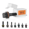 A set of M10 blind rivet nuts and a tool are displayed against a white background. The main tool is partially inserted into a clear plastic case with an orange label indicating 'M10'. Below, a row of different colored nuts is shown. Voir les images du produit