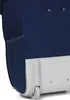 A close-up view of the bottom corner of a dark blue and white suitcase, showing a wheel and a side pocket. Produktbild-Vorschau