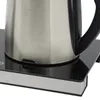 A close-up shot of the base and lower part of a stainless steel electric kettle sitting on its black glass heating base. Podgląd zdjęcia produktu
