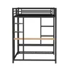 A black metal loft bed with a wooden desk and shelves, shown from the front against a white background. Podgląd zdjęcia produktu