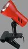 A red clip-on lamp is shown against a plain gray background. Produktbild-Vorschau