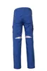 The back view of a pair of blue work pants with reflective strips on the lower legs and two pockets on the back. Produktbild-Vorschau