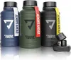 Three ABOVE. stainless steel water bottles in different colors (blue, green, and black) are displayed on a reflective white surface. Anteprima dell’immagine prodotto