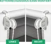 Two close-up views of a roller blind mechanism, one labeled 'LINKS' (left) and the other 'RECHT' (right), demonstrating how the chain mechanism can be mounted. Produktbild-Vorschau
