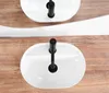A top-down view of a white oval sink with a black faucet, set against a wooden surface. A reflection of another sink is visible in the background. Náhled obrázku produktu