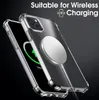 A clear phone case with a magnetic charger attached to the back of a phone, with the phone screen showing a charging indicator. Produktbild-Vorschau