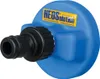 A close-up studio shot of a blue water tank connector with a black hose fitting and a yellow label. Voir les images du produit