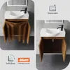 A split image showing a bathroom vanity with a sink and faucet. The left side shows the cabinet doors in a folded-open state with motion blur, while the right side shows the cabinet doors fully open, revealing the interior. Text and logos are present in th Produktbild-Vorschau