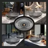 A collage of images showcasing a transparent black oval glass vessel sink in various bathroom settings. Náhľad obrázku produktu
