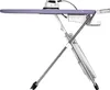 A white background with a silver and white ironing board and iron. Produktbild-Vorschau