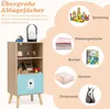 A product image showcasing a wooden shelf unit with a blue bear face drawer, surrounded by circular icons and text describing its features and uses. Anteprima dell’immagine prodotto