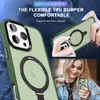 A collage of images showing a green iPhone case with a magnetic ring, a hand holding the case, and a woman holding a phone with the case. Produktbild-Vorschau