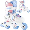 A pair of white, blue, and pink roller skates for children, with a smaller, identical pair shown in the background. Produktbild-Vorschau