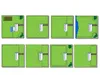 A collage of eight different aerial views of a house and yard, showing different configurations of a dog fence system. Produktbild-Vorschau
